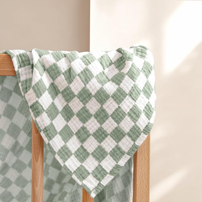 lulumoon Muslin Swaddle Blankets for Baby: Soft Cotton Newborn Receiving Blankets - Plaid Print Nursery Gift Set for Baby Girls(SagePlaid)
