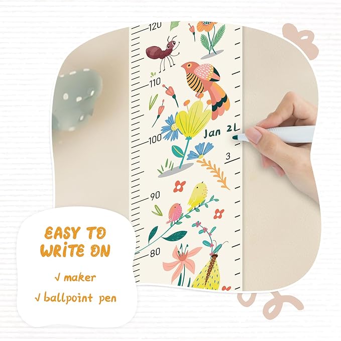 Woodemon Personalized Name Growth Chart for Wall, Flower Birds Canvas Height Chart for Kids Baby Child Toddler Boys Girls, Canvas&Wood Growth Chart for Wall Room Nursery Decor,Easy Care