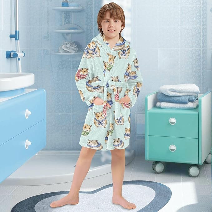 Toddler Baby Hooded Bathrobe for Boys Girls Soft Plush Bath Towel Robe with 2 Pockets for 2-12 Years
