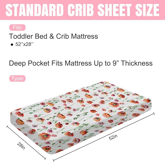 Watercolor Poppy Floral Baby Crib Sheets 52''x28'' Red Poppy Flowers Snug Fitted Crib Mattress Cover for Boy Girl Wild Floral Soft Baby Nursery Bed Sheets for Standard Crib and Toddler Mattresses
