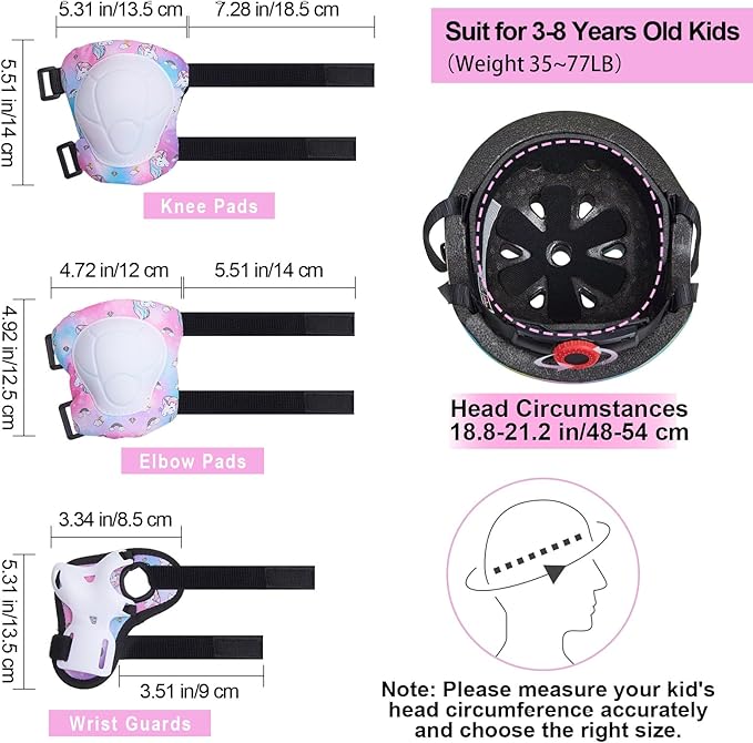 FIODAY Kids Helmet Knee Pads for Kids Unicorn Knee and Elbow Pads Wrist Guards Adjustable Protective Gear Set for Girls Boys Sports Skateboard Inline Skating Scooter