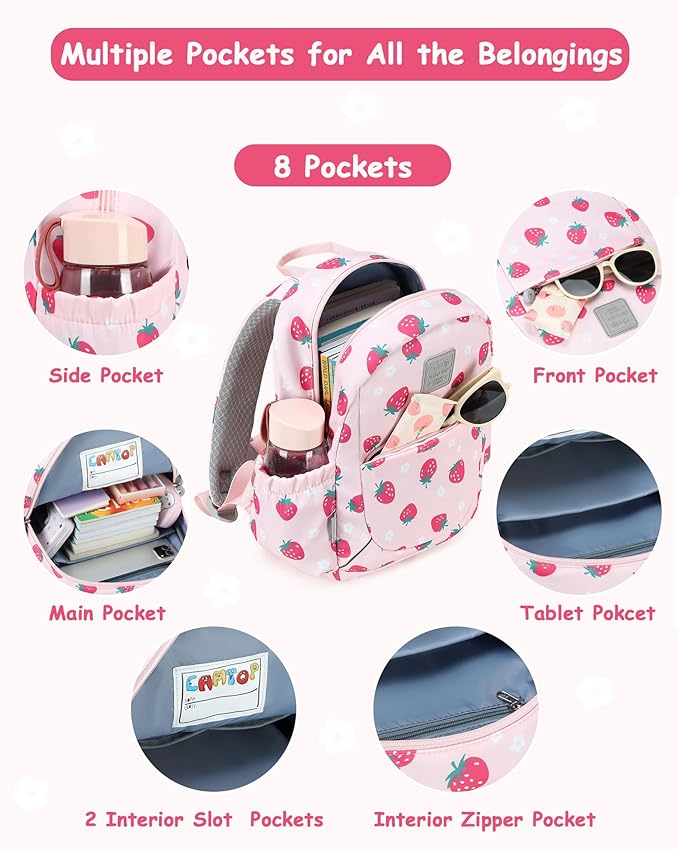 CAMTOP Toddler Backpack for Boys Girls 2-4, Kids Backpacks for Kindergarten Preschool, 12" H Small Bookbag for Daycare Travel (Pink Strawberry, 12''- Not fit A4 folder)