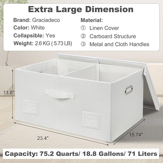 Graciadeco 75 Quarts Extra Large Decorative Storage Bins with Lids, 3 Packs White Collapsible Storage Bins with Lids, Stackable Storage Bins Decorative Box Storage With Lid Extra Large