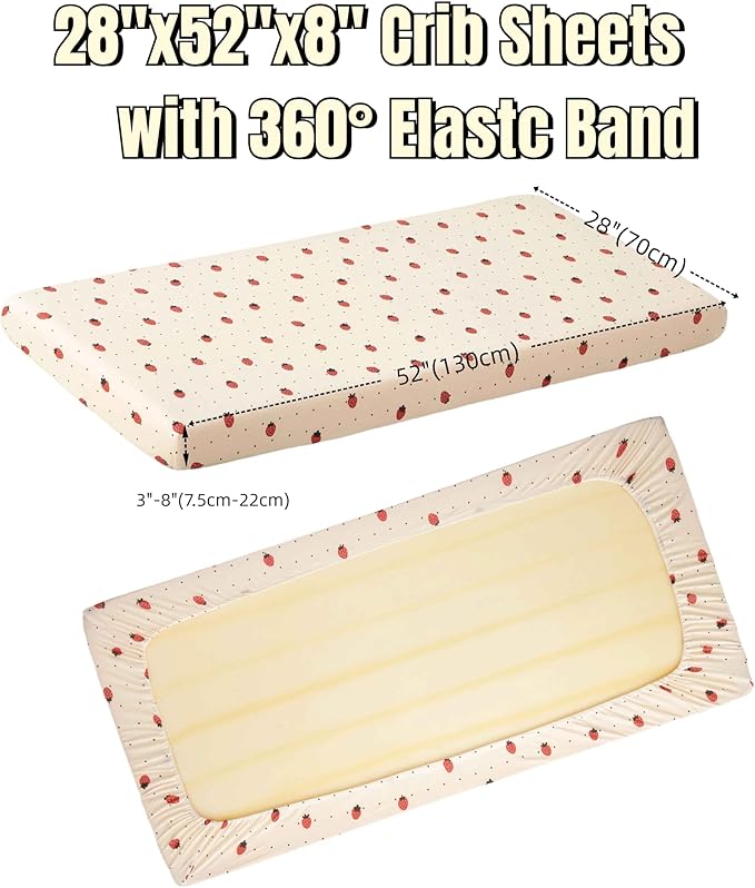 SDY Jersey Strawberry Crib Sheets for Baby Girls,52”x28”x8, 2 Pack,Pink Cute Kawaii Standard Oval/Retangle Fitted Crib Sheets for Toddler,Super Soft Breathable