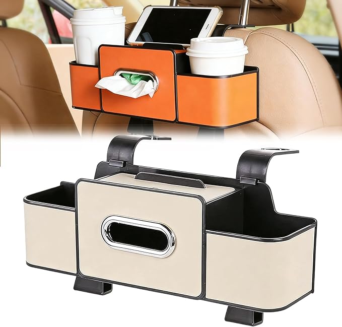 Car Organizer With Tissue Holder, Car Organizer & Storage Box, 5-in-1 Car Organizer Back of Seat, 2 Deep Cup Holders, Tissue Box Holder, Phone & Bag Hooks Zoning Storage (Beige-A)