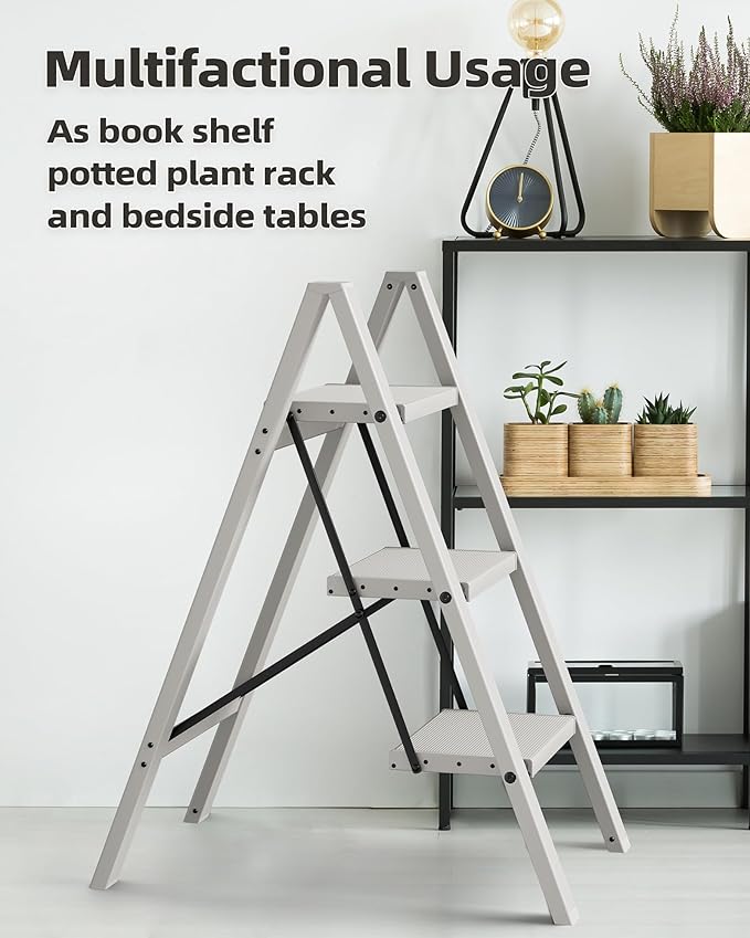 HillhutApex 3 Step Stool, Aluminum Foldable Step Ladder, Lightweight Stable Stool with Wide Non-Slip Pedals, 330lbs Bearing Capacity Ladder for Office,Home,Kitchen - Grey