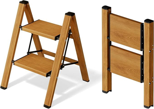 Mayi Plus 2 Step Ladder,Aluminum Folding Step Stool for Adults,Step Ladder with Wide Anti-Slip Pedal,330 lbs Capacity for Home,Office,Kitchen,Library(Woodgrain)