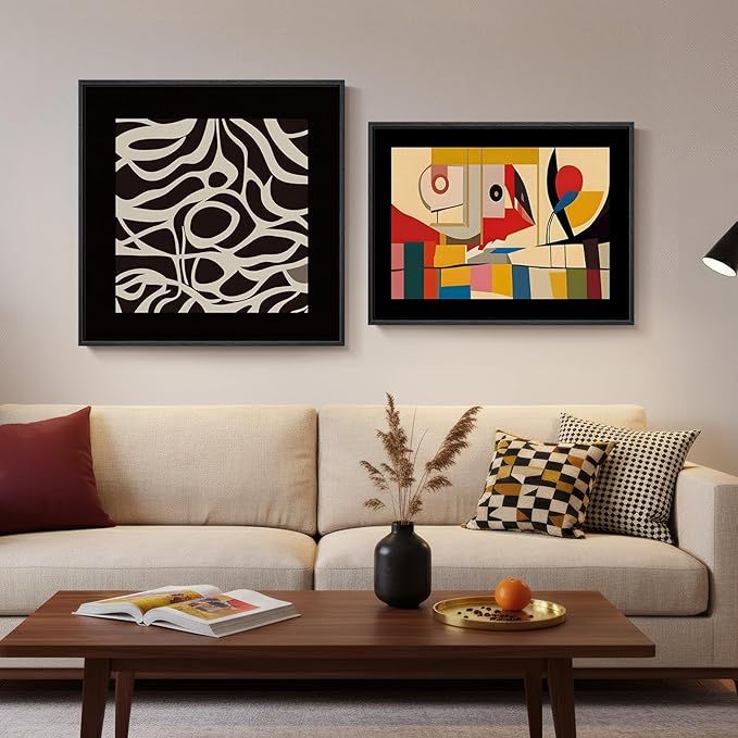 Framed Black Colorful Abstract Bedroom Wall Art, Set of 2 Mid Century Modern Geometric Line Artwork for Walls, Contemporary Canvas Prints for Living Room Hallway Office Wall Decor, 24x24 & 24x18 Inch