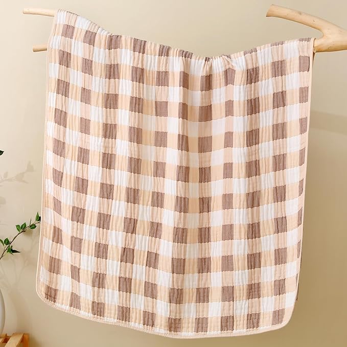 Ultra Soft Muslin Baby Blanket Made with Organic Cotton - Neutral Earth Tone Checkered Swaddle & Nursery Quilt, 43x43 (Beige-Coffee Checkered)
