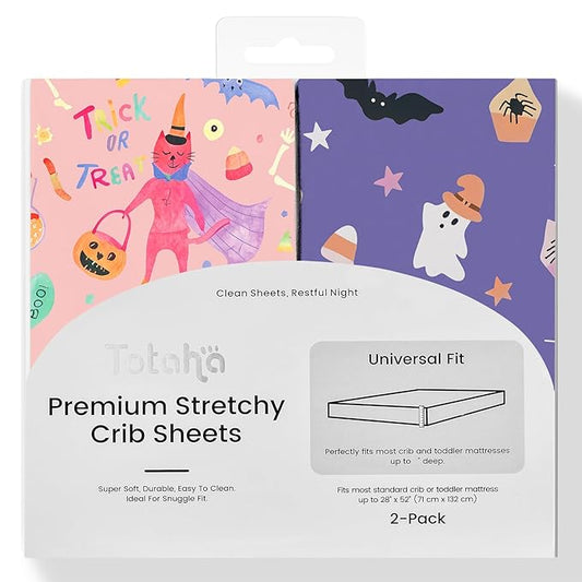 Ultra-Soft Halloween Crib Sheets Girl, 2 Pack Pink Fitted Baby Crib Sheet for Standard Crib Mattress & Toddler Bed Mattress (52"x28"), Boo, Trick or Treat, Pumpkin