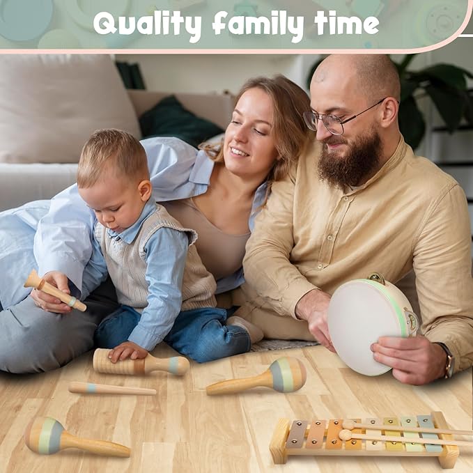 Stoie's Wooden Toddler Musical Instruments with Xylophone, Maracas, Triangle, Tamburine for Babies and Kids, Eco Friendly Montessori Educational Toy