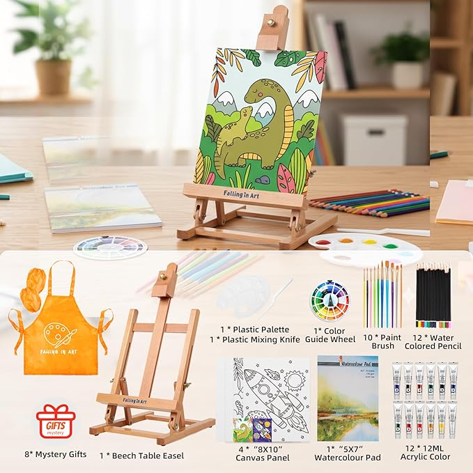 Falling in Art Tabletop Easel Set, Portable Wooden Art Easel Painting Kits for Kids, Easel for Painting Canvases, Including 12 Colors Acrylic Paints, 10 Paintbrushes and 4 Canvas Panels, Yellow