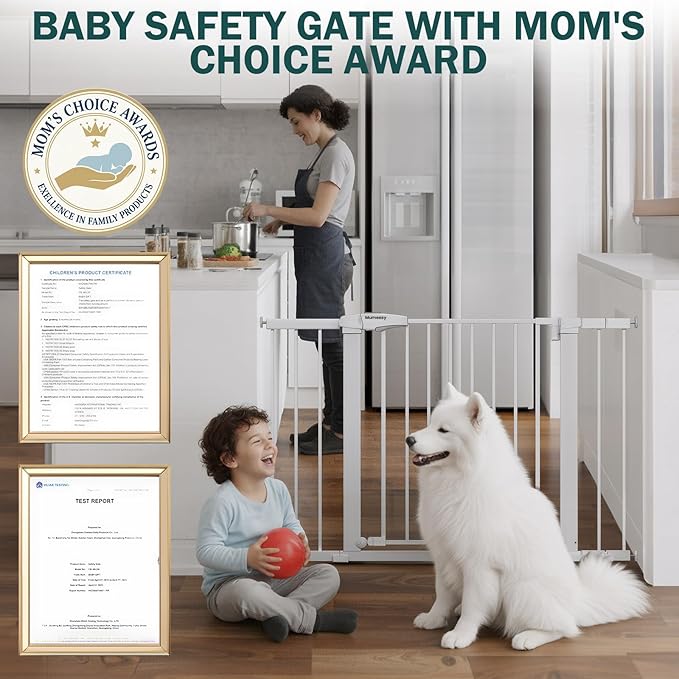 Mumeasy 36" Extra Tall Dog Gate, Auto Close Baby Gate for Stairs Doorways, 29.7-46" Wide Walk Thru Child Safety Gate for House, Easy Install Pressure Mounted Metal Pet Gate with Door, White
