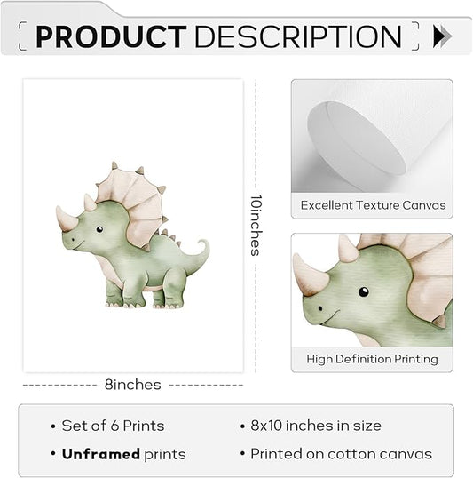 Dinosaur Nursery Wall Art Kids Canvas Poster Boys Room Wall Decor Watercolor Dino Wall Art Toddler Baby Pictures Dinosaur Prints Nursery Artwork for Boys Room Bedroom 8x10 Inch Unframed Set of 6