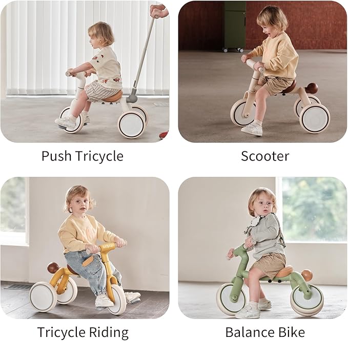 4-in-1 Toddler Tricycle with Adjustable Push Handle for 1-4 Year Old,Birthday Gift and Toy for Boys and Girls Removable Pedals Balance Bike&Scooter (Beige)