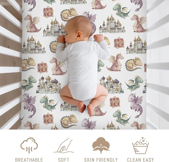 Fairytale Dragons Baby Crib Sheets for Boy Girl Fantasy Dragon Castle Treasures Soft Snug Fitted Crib Mattress Covers for 52''x28'' Standard Crib & Toddler Mattress Magical Animal Bed Sheets