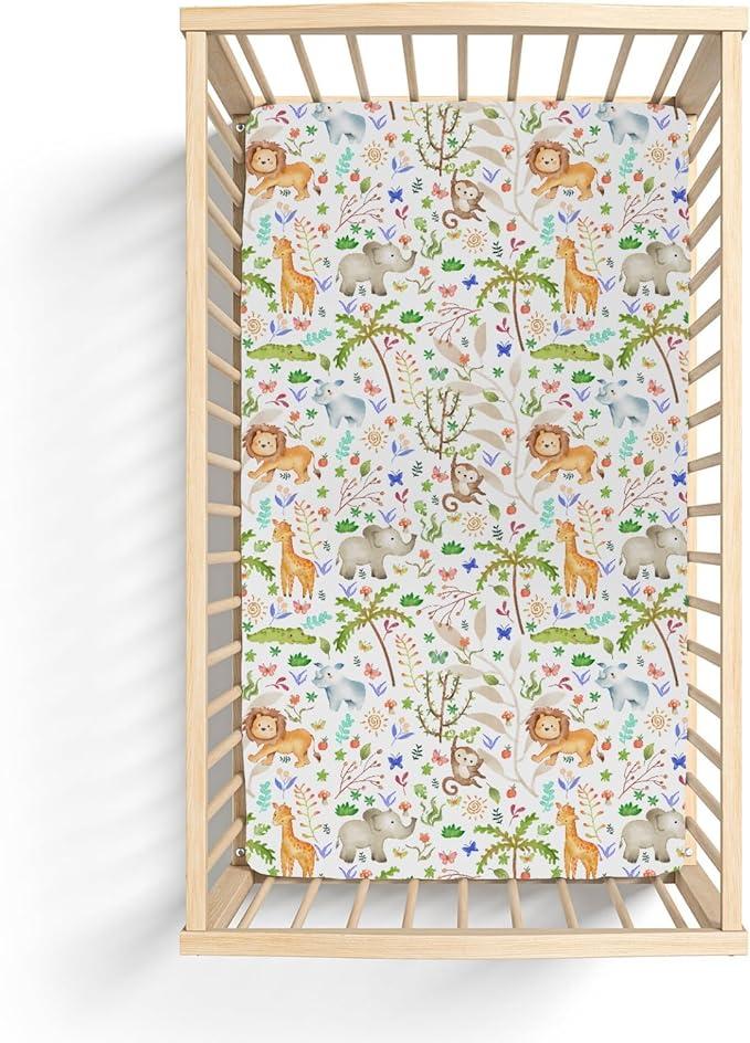 Cute Jungle Animals Baby Crib Sheets for Boy Girl 52x28Inch Lion Giraffe Elephant Hippo Trees Soft Snug Fitted Crib Mattress Cover Zoo African Safari Nursery Baby Sheet for Crib & Toddler Mattress