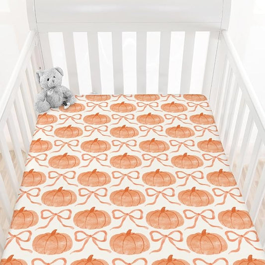 Fall Pumpkins Orange Bows Baby Crib Sheets Vintage Autumn Pumpkins Baby Sheet Thanksgiving Harvest Fitted Crib Mattress Cover for Standard Crib and Toddler Mattress 28"x52"