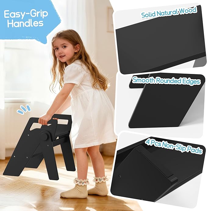 HOMEKOL Toddler Kids Step Stool: Wooden 2 Step Stool for Bathroom Sink, Foldable, Black