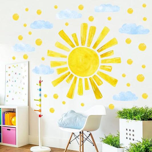 Eutecado Large Sun Wall Decals Cloud Polka Dots Wall Stickers for Girls Room, 12 Sheets Watercolor Sun Wall Decor Stickers Cute Cloud Wallpaper Delicate Decorations for Kids Room Bedroom