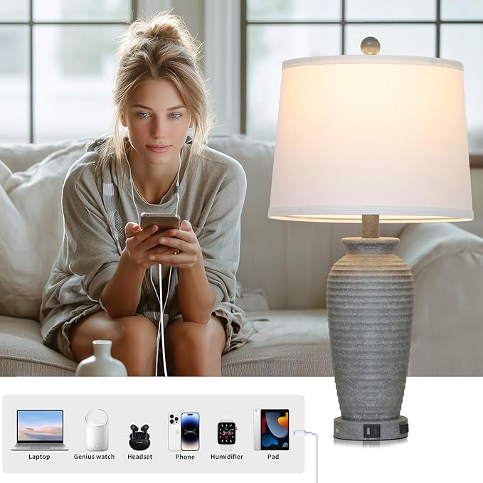 CINSARY 25" Grey Farmhouse Jar Table Lamps, 3 Way Touch Control Rustic Bedside Lamps with USB A+C Ports & AC Outlet, Pot Nightstand Lamps for Bedroom End Table (LED Bulbs Included)