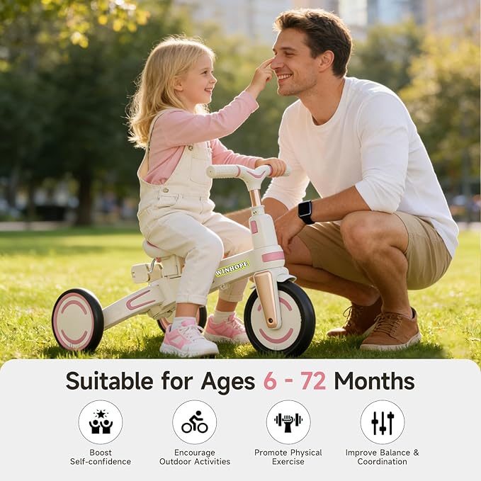 WinHope 9-in-1 Push Tricycle for Toddlers 1-3 Years | Convertible Kids Trike with Adjustable Parent Handle & Safety Harness, Lightweight Foldable Design + Storage Basket for Boys & Girls (Pink)