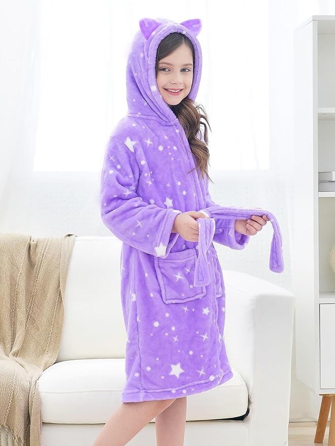 Doctor Unicorn Girls Leopard Cat Robe Kids Fleece Warm Hooded Bathrobe
