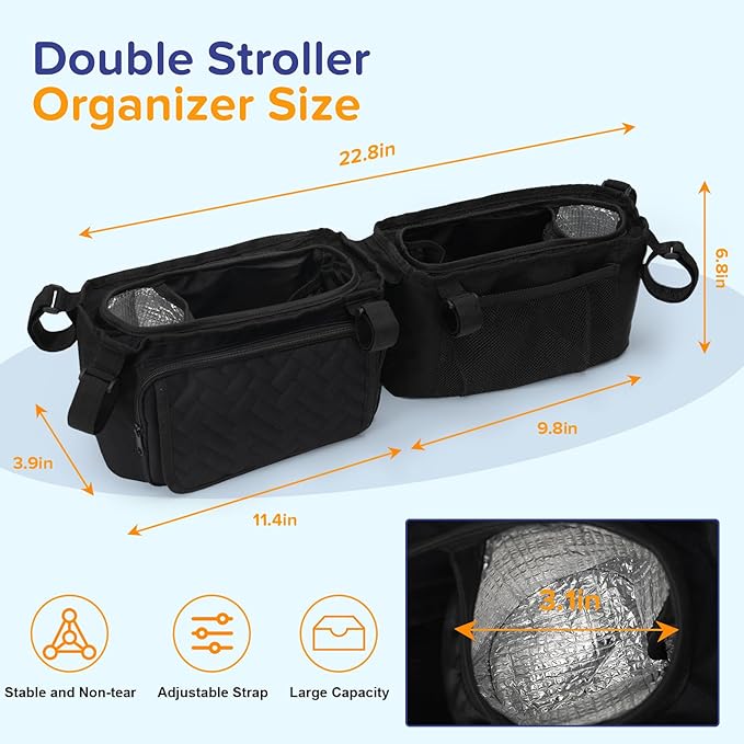 PHOEBUS BABY Double Stroller Caddy Organizer with 2 Insulated Cup Holder, Parent Console Fits for BOB Duallie, Jeep, Baby Jogger City Mini GT2 and UPPAbaby, Double Jogging Stroller Accessories