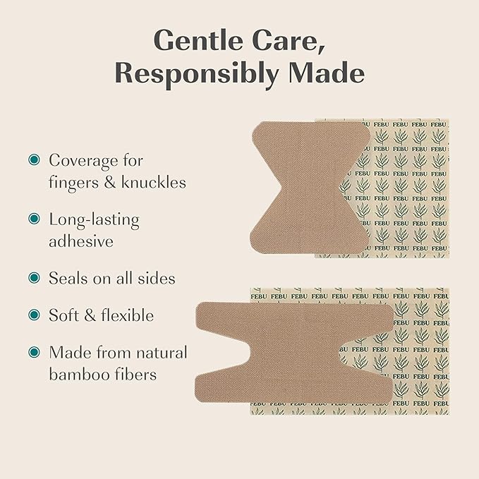 FEBU Eco-Friendly Bamboo Fingertip Bandages | PFAS Free Knuckle Bandages for First Aid | Flexible Fabric Wound Dressing | Fully Compostable, Latex Free Bandage | 30 Count Knuckle & Finger Bandage