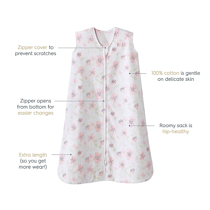 HALO SleepSack, 100% Cotton Wearable Blanket, Swaddle Transition Sleeping Bag, TOG 0.5, Wildflower Blush, Small, 0-6 Months