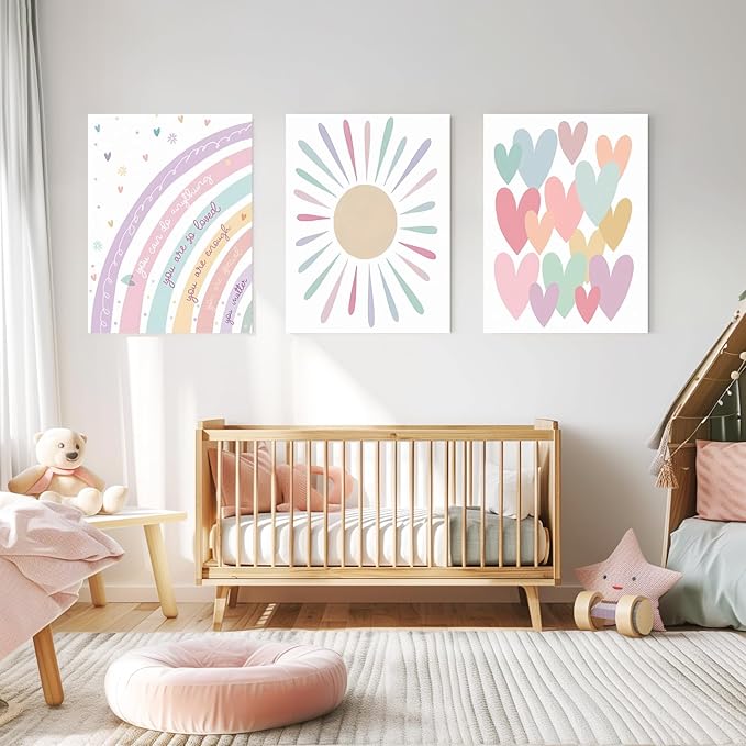 LLEEMPI Framed Pink Heart Sun Rainbow Wall Art Set of 3, Baby Room Wall Decor, Boho Rainbow Nursery Canvas Painting, Classic Minimalist Poster Prints for Bedroom Bathroom Classroom 16x24 Inch