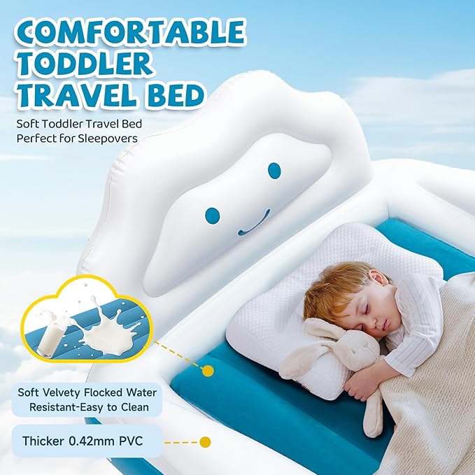 Inflatable Toddler Travel Bed, Portable Toddler Bed with 4-Sides Safety Bumpers & Fast Auto Inflation Pump, Kids Air Mattress for Travel Camping, Grandma's Home Sleepovers Blow Up Mattress