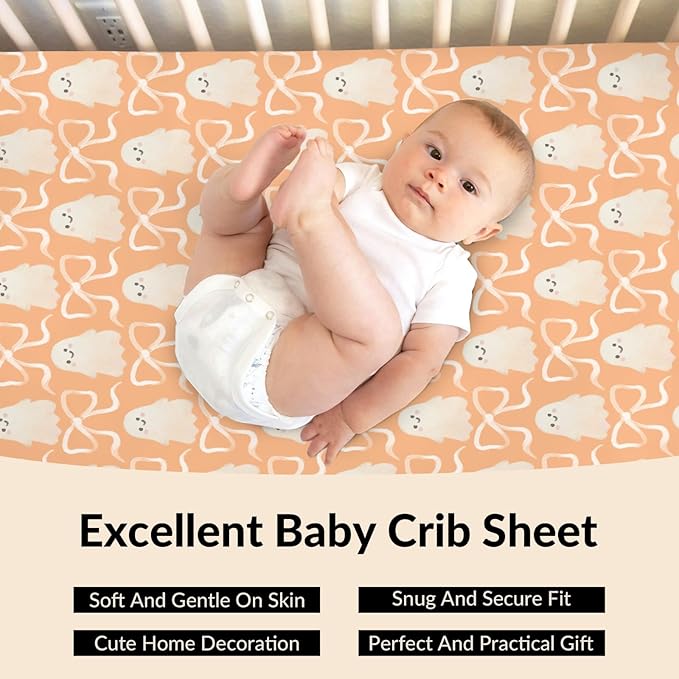 Halloween Spooky Orange Bows Baby Crib Sheets Cute Pastel Bows Soft Crib Sheet Spooky Season Fitted Crib Mattress Cover for Standard Crib and Toddler Mattresses 52"x28"
