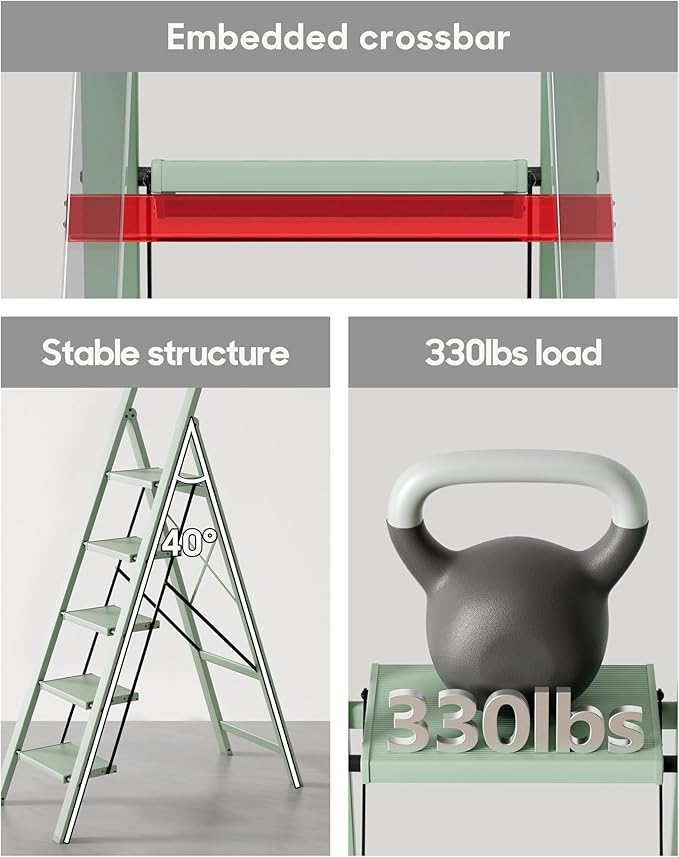 HillhutApex 5 Step Foldable Aluminum Step Ladder with Handgrip, Anti-Slip Pedal, 330 lbs Capacity, Lightweight & Portable for Home, Kitchen, Office, Garage (Pale Green)