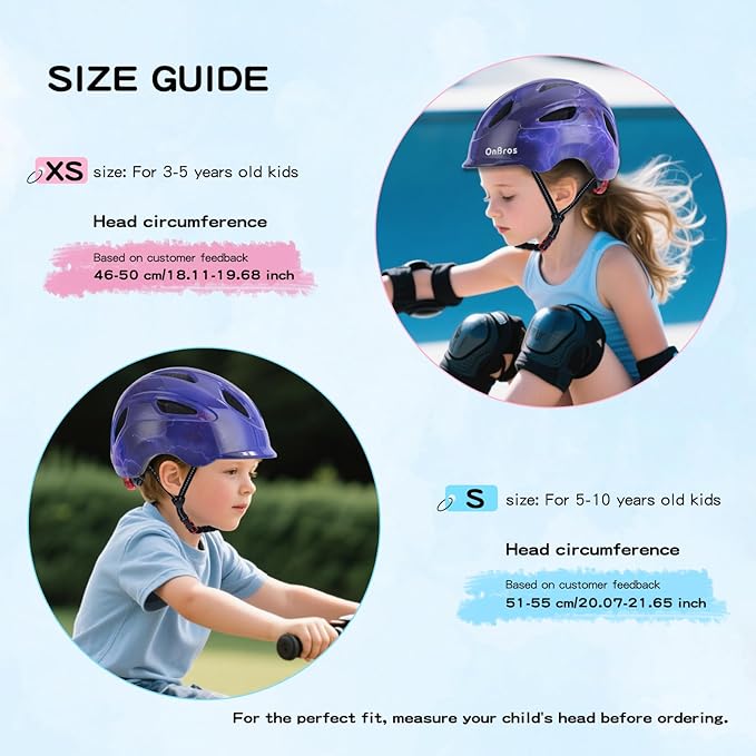 Kids Bike Helmet, OnBros Kid Bicycle Helmet for Girls and Boys with Light Lightweight Kids Helmets Certified Toddler Helmets for Kids 3-5-8-10 Age (46-50-55 cm)