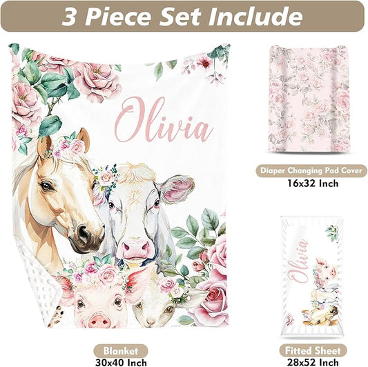 Custom Name Crib Bedding Set - Horse & Cow Pattern, Personalized Floral Nursery Bedding 3-Piece Set– Soft Blanket, Fitted Sheet, Changing Pad Cover – for Newborns Girls Nursery Gifts