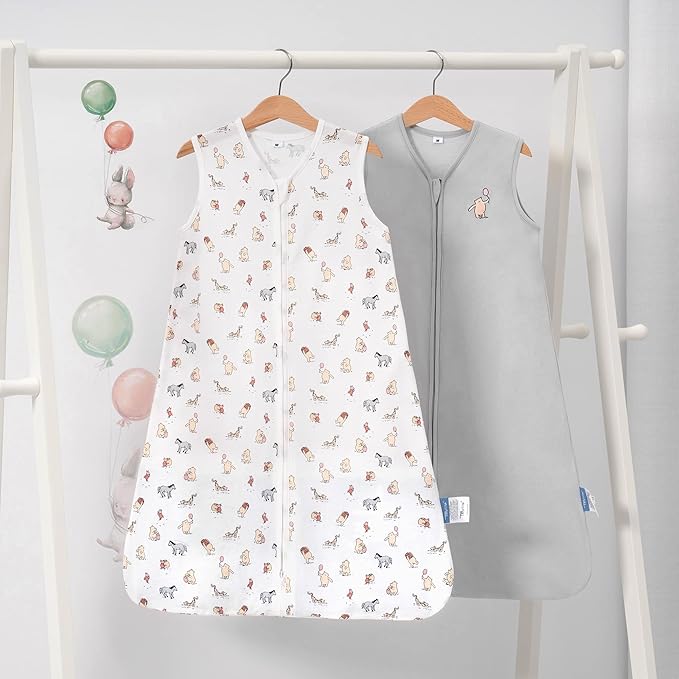 TILLYOU 2 Pack Baby Sleep Sack 18-24 Months 100% Cotton Wearable Blanket 0.5 TOG Sleeveless Summer Sleep Sacks with 2-Way Zipper, Bear Forest & Grey
