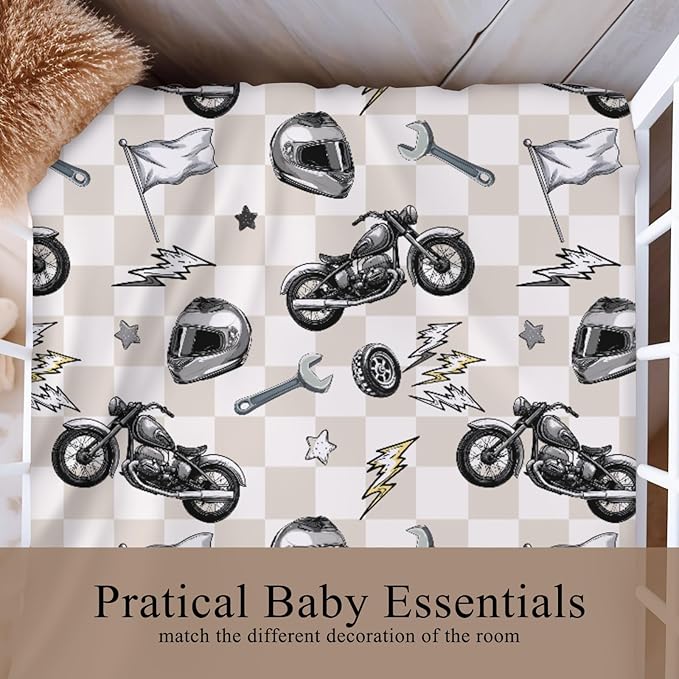 Cute Motorcycle Flag Plaid Baby Crib Sheet for Boys & Girls 28"x52" Motor Bikes Stars Fitted Crib Mattress Cover for Standard Crib and Toddler Mattress Race Vehicles Bed Sheets Plaid One Size