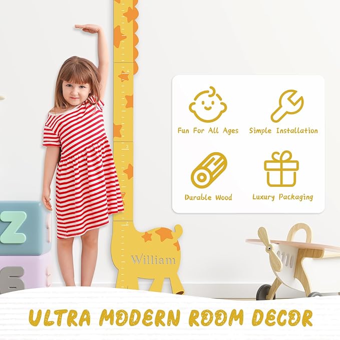 Woodemon Personalized Name Growth Chart for Kids – Giraffe Height Chart for Boys and Girls, Wooden Height Chart Measuring Board 63" x 15.3"