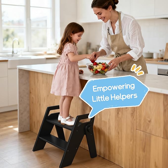 HOMEKOL Toddler Kids Step Stool: Wooden 2 Step Stool for Bathroom Sink, Foldable, Black