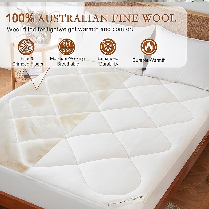 YOUR MOON Natural Wool Mattress Pad Queen – 450GSM Organic Australian Wool Mattress Topper, Quilted Fitted Mattress Bed Cover with 16" Deep Pocket, Hypoallergenic Cotton Cover (White)