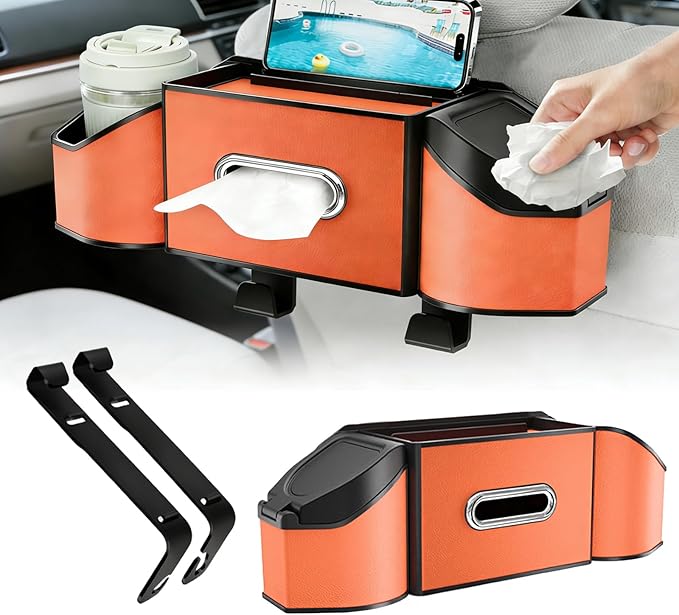 Oivjckx 7-In-1 Multifunctional Car Seat Back Organizer with Cup Holders, Tissue Box, Garbage Can & Hooks, Headrest Storage & Cup Holder for Backseat (Orange)