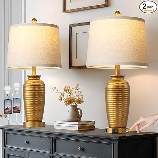 CINSARY 25" Retro Gold Farmhouse Jar Table Lamps Set of 2, 3 Way Touch Control Rustic Bedside Lamps with USB A+C Ports & AC Outlet, Pot Nightstand Lamps for Bedroom Living Room (LED Bulbs Included)