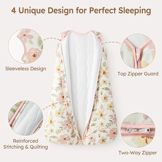 Baby Sleep Sack 6-12 Months TOG 2.5 Winter Baby Wearable Blanket, 100% Cotton Toddler Sleeping Sack with 2-Way Zipper Warm Soft Pink Flowers