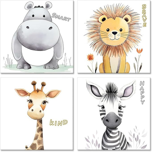 GLOKAKA Nursery Wall Decor Motivational Quotes Canvas Print Wall Art for Kids Bedroom Safari Animal Jungle Boy's Girl's Art Frame Cute Baby Room Decor Artwork Set of 4