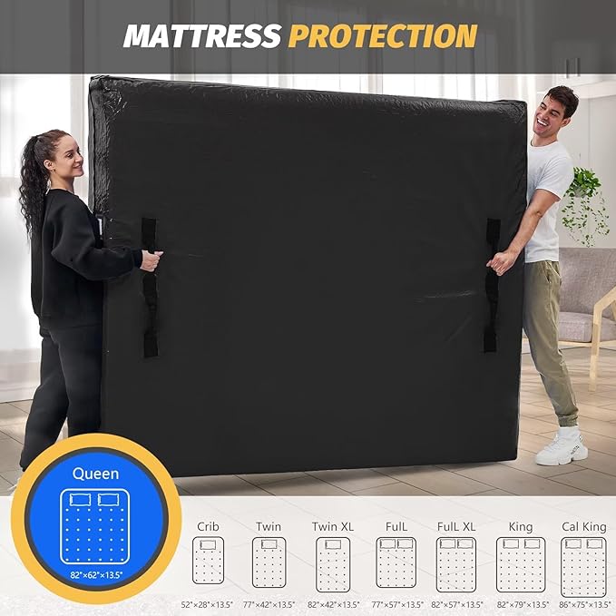 Mattress Bags for Moving and Storage, BETU Queen Mattress Protector Waterproof Mattress Cover with 8 Heavy Duty Handles and Zipper Extra Thick Moving Supplies for Bed Reusable (82x62x13.5 Black)