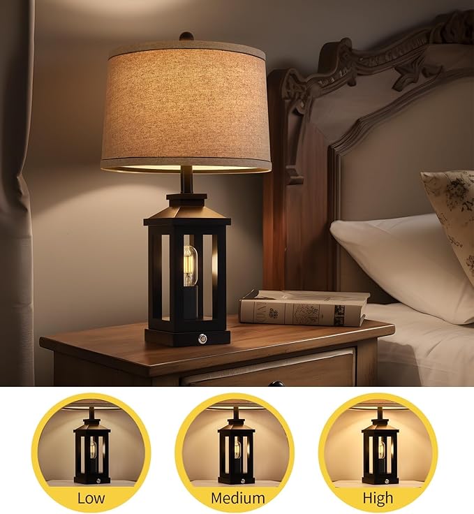 G-SAFAVA 23.75" Retro Farmhouse Black Table Lamp for Living Room Bedroom Nightstand Set of 2 Touch Control Bedside Nightlight Vintage Modern Lamp with USB C+A Ports and 2 Light Sources