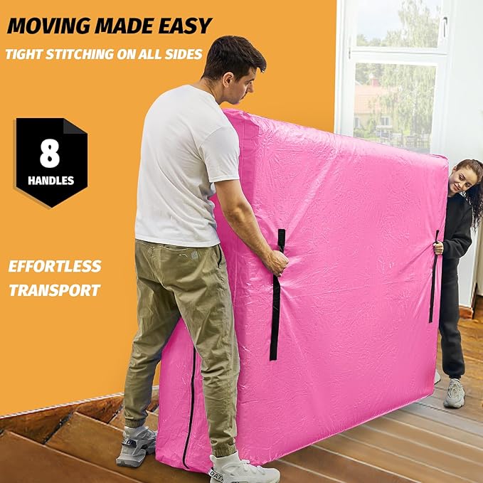 Mattress Bags for Moving, BETU Mattress Protector Waterproof Mattress Cover Queen Size Storage Bags with 8 Heavy-Duty Handles and Zipper for Bed Extra Thick Large Reusable (82"x62"x15" Pink)