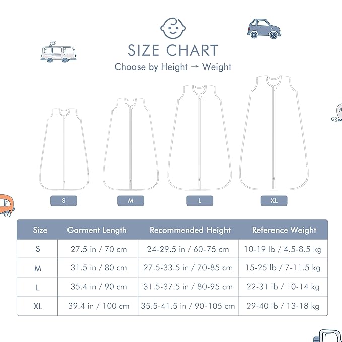 Baby Sleep Sack 12-24 M Baby Wearable Blanket 100% Organic Cotton 0.5 TOG Toddler Sleep Sack 2-Way Zipper Soft Large 4 Layers 1-2 T Car