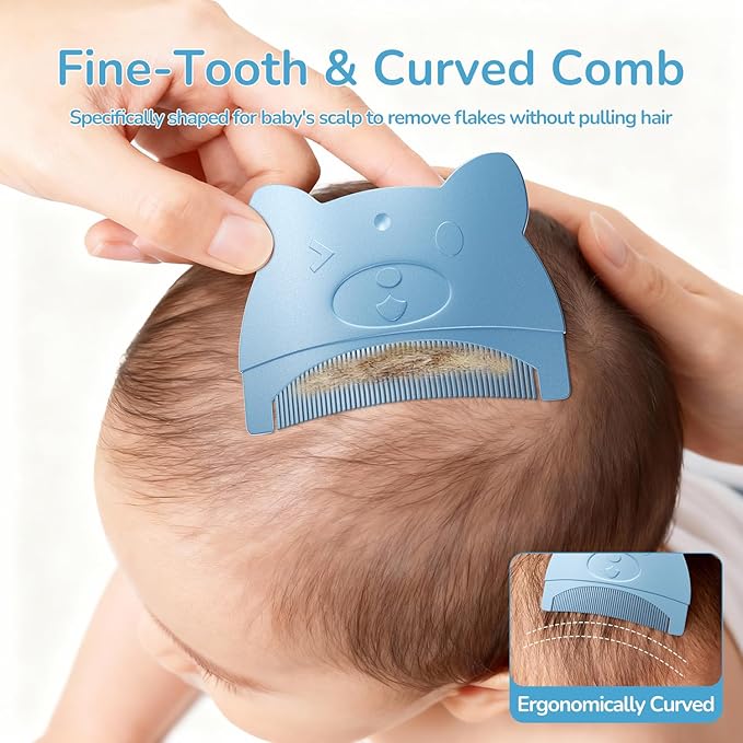 Baby Cradle Cap Brush & Comb Set, 3-in-1 Scalp Brush, Curved Comb & Soft Sponge | BPA-Free Cradle Cap Treatment Kit for Newborns & Infants 0-12 Months, Flakes Removal, Light Blue